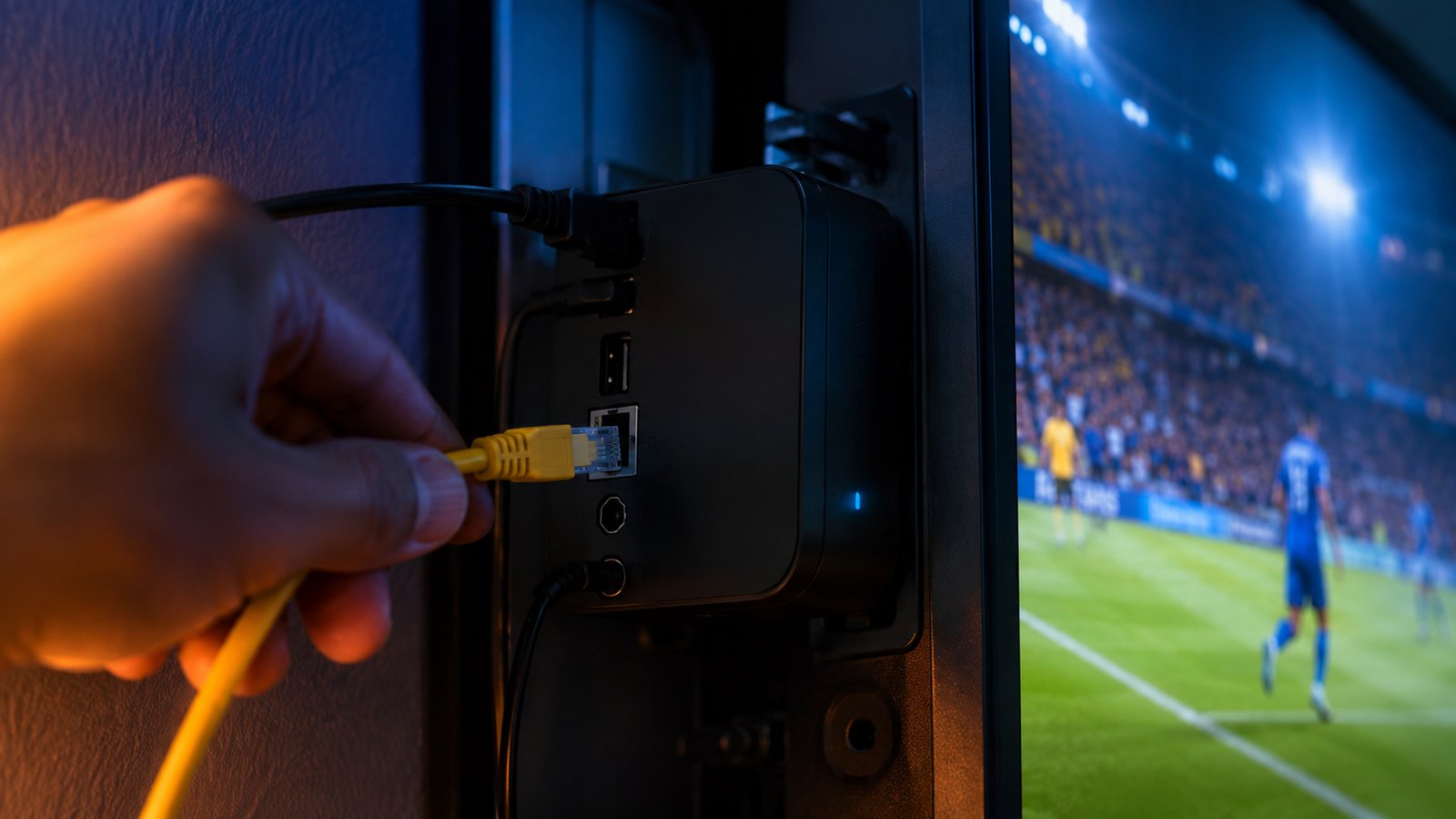 An Ethernet cable plugged into a streaming box below a TV showing a live sports channel