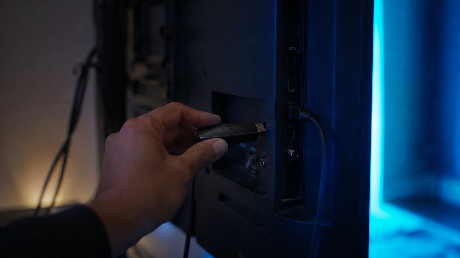 A streaming stick being plugged into an HDMI port on the back of a TV, ready to set up