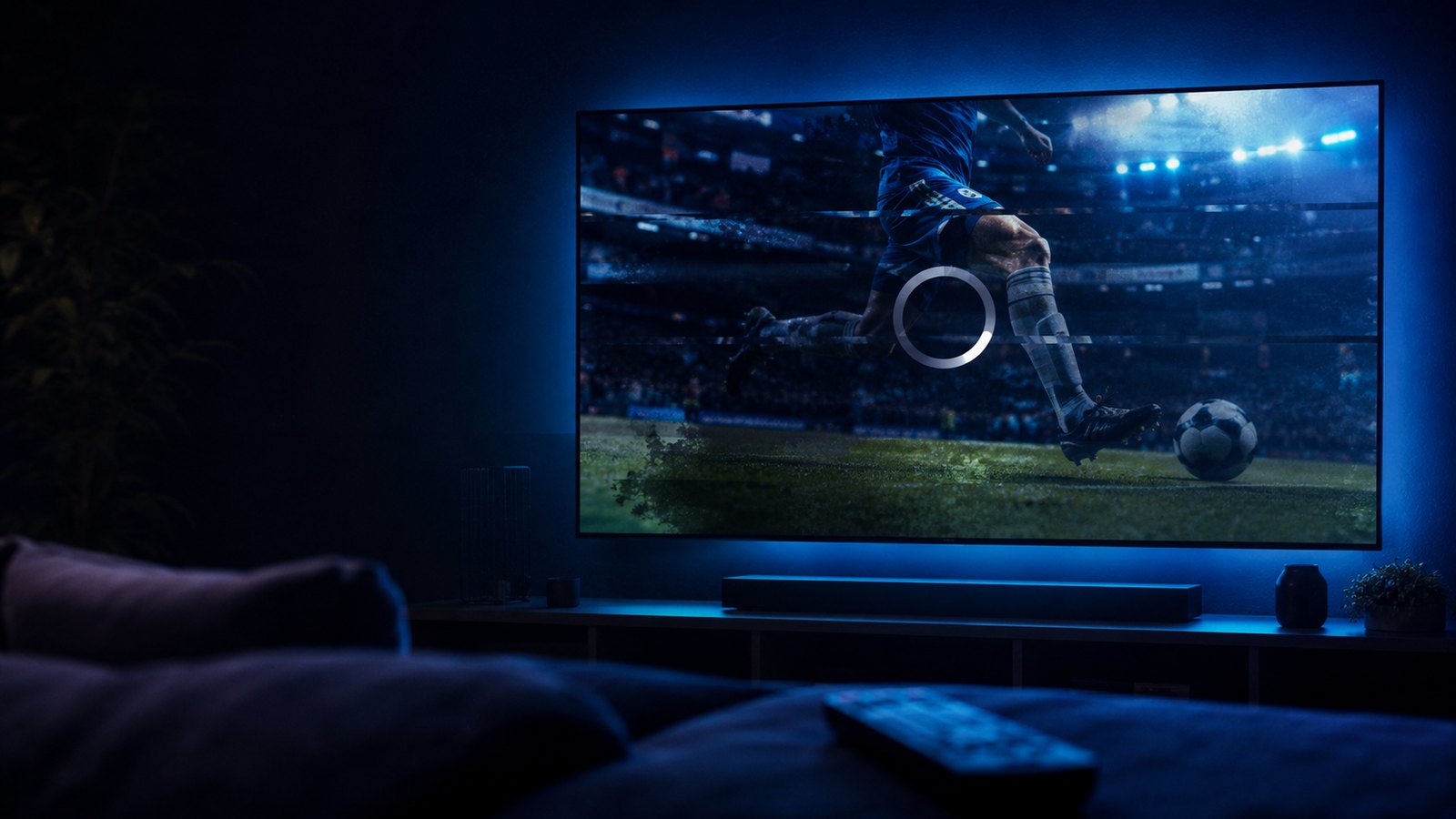 A television showing a frozen live stream with a loading spinner in a dark living room