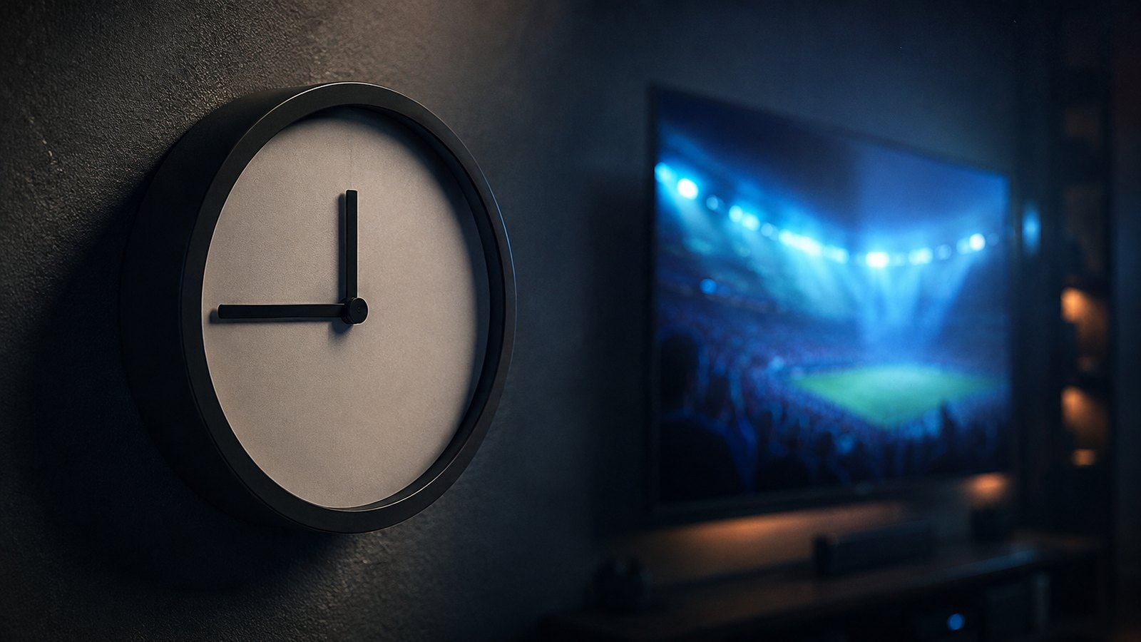 A wall clock at nine in the evening beside a television playing a live match
