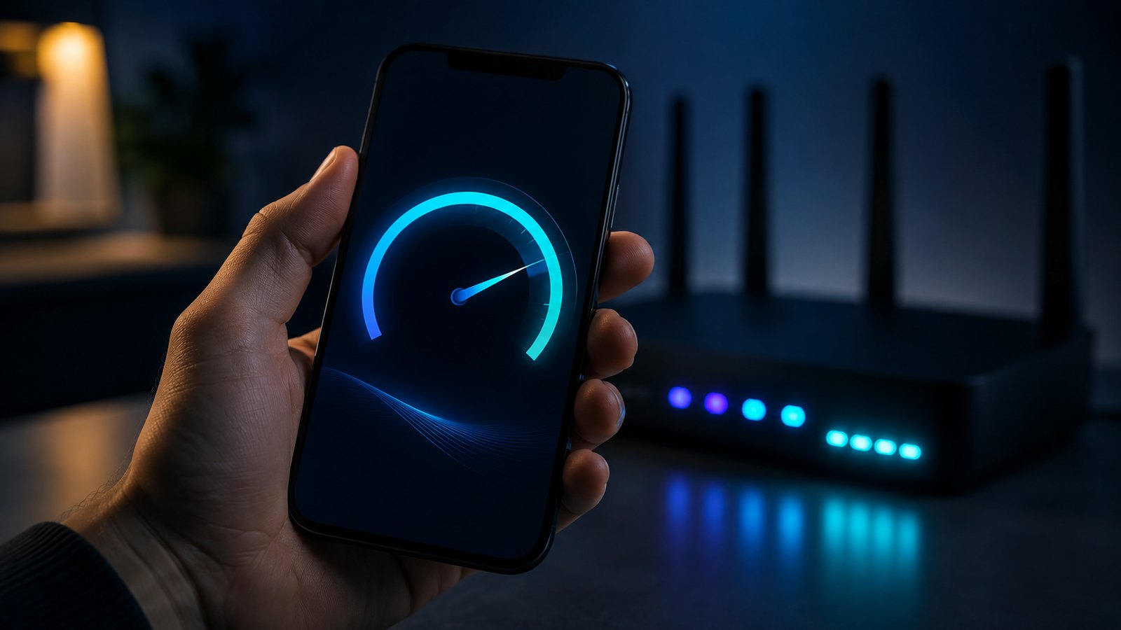 A speed test running on a phone next to a router in a dark room