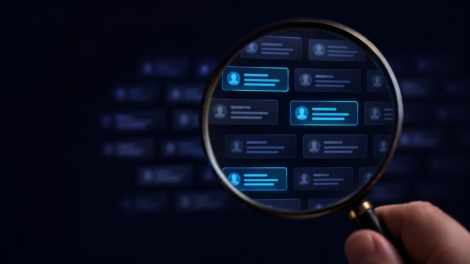A magnifying glass over a discussion thread, separating a few useful comments from a wall of noise