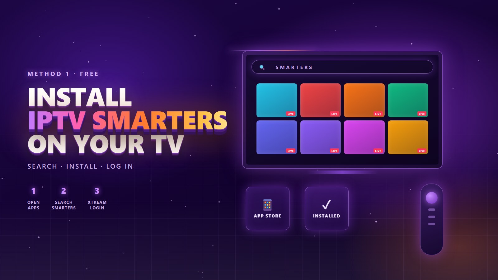 Illustration of a Samsung Smart TV app store search for IPTV Smarters, with a remote and a grid of app tiles