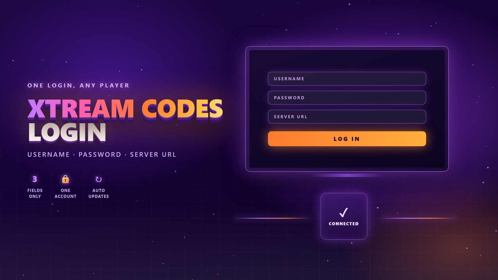 Illustration of an Xtream Codes login screen on a TV with username, password and server URL fields