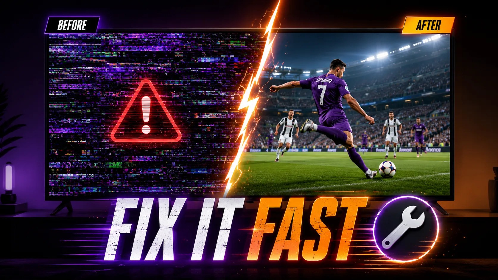 Before and after: a glitching, buffering TV stream on the left and a clean live football stream on the right